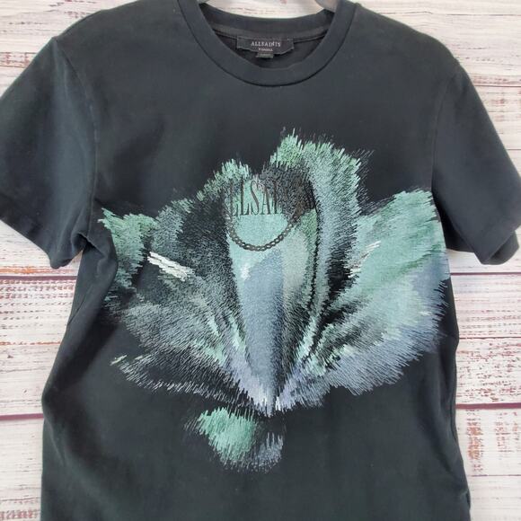 ALLSAINTS Quietus Graphic Tee Crew T-Shirt Black Teal Cotton Top Size XS - Picture 5 of 11